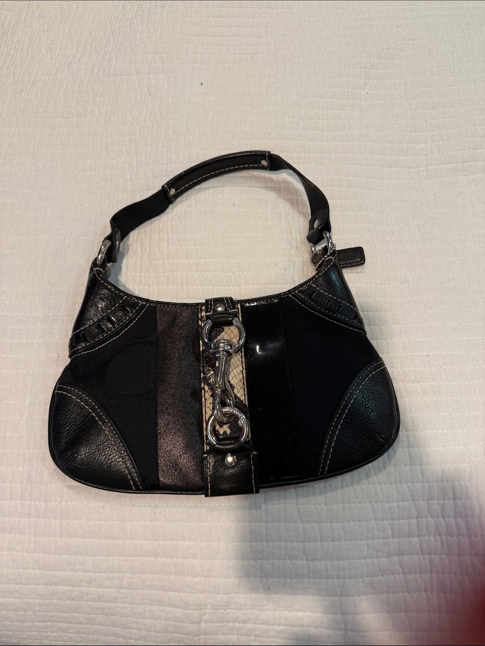 Coach 10287 Signature Hampton Black Jacquard Python Leather Handbag Purse Bag